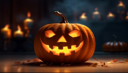 Sticker - Glowing pumpkin lantern lights up spooky Halloween night celebration generated by AI