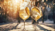 Product photograph of Two Gin Tonic sparkling cocktail with lime  in the snow In a winter forest. Sunlight.  Yellow color palette. Drinks. 