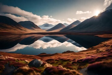 Wall Mural - A tranquil scene in the Scottish Highlands, with a mirror-like loch reflecting the surrounding mountains and heather-covered hills.