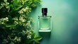 Green backdrop with a simple glass perfume bottle containing mint, top view, space, Generative AI.