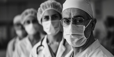 Canvas Print - A black and white photo depicting a group of doctors. This image can be used to represent a team of medical professionals working together