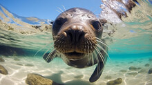 Close Up Of Playful Sea Lion Or Fur Seal In Clear
