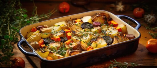 Wall Mural - Baked comfort food with sweet potato and various root vegetables.