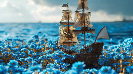 A quilled pirate ship sailing on a sea of blue flowers