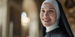 Serene Joy of Devotion. Young pretty nun in black clothes smiling, portrait with copy space.