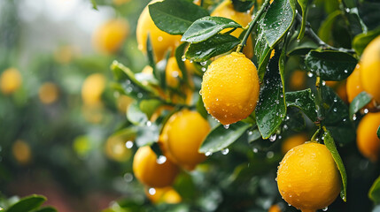 Wall Mural - Close up of Lemons hanging from a tree in a lemon grove .Generative AI,