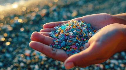 Wall Mural - microplastics lay on people hand. Concept of water pollution and global warming. Climate change idea.