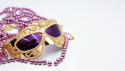 Sticker - Mardi Gras costume, shiny beads, purple mask generated by AI