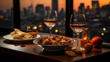 Fototapeta Uliczki - A sunset celebration, drinking wine, gourmet meal, outdoor relaxation generated by AI