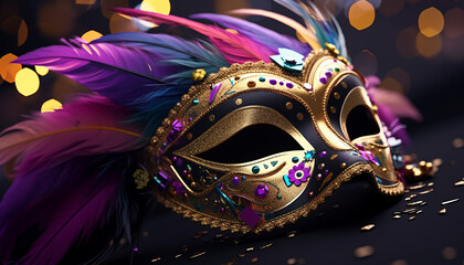 Wall Mural - Mardi Gras celebration, mask, costume, feather, party, parade generated by AI