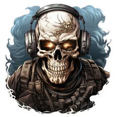 skull wearing night vision tactical helmet, suitable for t shirt, badge, logo design vintage skull.