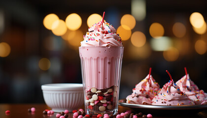 Canvas Print - Indulgent dessert table with colorful candy, chocolate, and whipped cream generated by AI