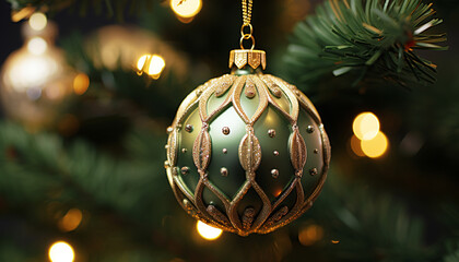 Poster - Shiny gold ornament hangs on Christmas tree generated by AI