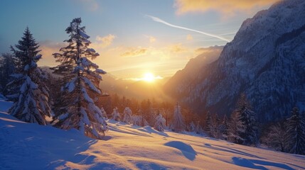 Poster - A breathtaking view of the sun setting over a majestic snowy mountain. Perfect for nature enthusiasts and travel-related projects