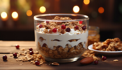Freshness and sweetness in a homemade gourmet dessert granola fruit parfait generated by AI
