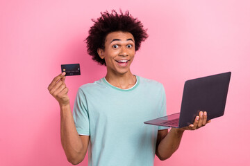 Sticker - Photo of cool impressed man dressed blue t-shirt online shopping modern gadget isolated pink color background