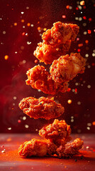 Wall Mural -  crispy and crunchy fried chicken surrounded by spices flying in the air against a plain red background