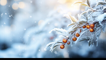 Poster - Winter frosty branch holds nature frozen beauty generated by AI