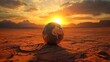 Global environmental crisis. Deflated ball in form of Earth globe on the abandoned on dry, cracked desert desert soil, symbolizing environmental world problems.