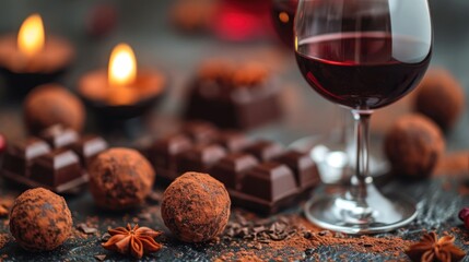 Wall Mural -  a glass of wine sitting next to a bunch of chocolates and an assortment of candies on a table.