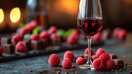 Sticker -  a glass of red wine with raspberries on a table next to a row of chocolates and raspberries.