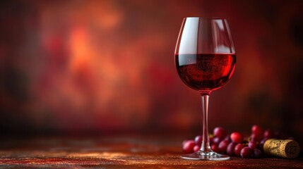 Wall Mural -  a glass of red wine next to a bottle of wine and a cork on a table with a red background.