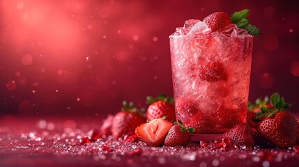 Sticker -  a glass filled with ice and strawberries next to a pile of strawberries on top of a red table.