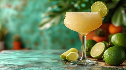 Sticker -  a margarita sitting on top of a table next to a bunch of limes and a green potted plant.