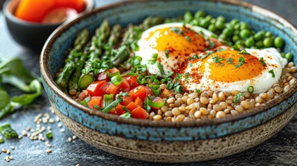 Wall Mural -  a close up of a bowl of food with asparagus, eggs, and other foods on a table.