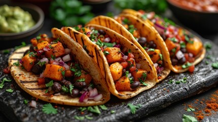 Wall Mural -  a group of tacos sitting on top of a cutting board next to a bowl of guacamole.