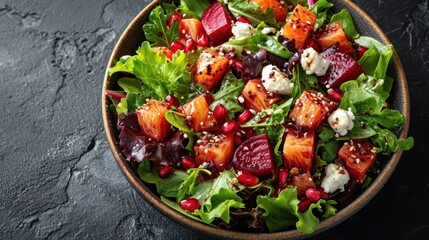 Canvas Print -  a salad with beets, carrots, feta cheese and pomegranates in a bowl.