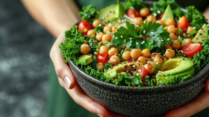 Wall Mural -  a person holding a bowl of food with broccoli, tomatoes, avocado and chickpeas.