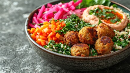 Poster -  a close up of a bowl of food with carrots, meatballs, and veggies on a table.