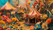 Quilled paper circus, tents and performers adorned with flowers