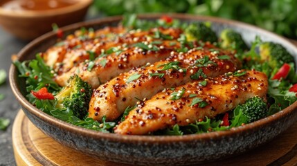 Poster -  a close up of a plate of food with chicken and broccoli on a wooden table next to a bowl of sauce.