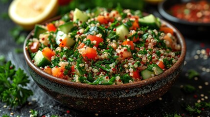 Canvas Print -  a close up of a bowl of food with carrots, cucumbers, and other veggies.