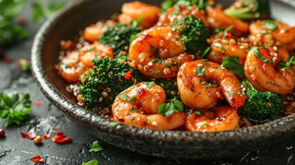 Poster -  a bowl filled with shrimp and broccoli covered in sesame seeds and seasoning sprinkled with parsley.