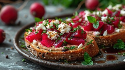 Wall Mural -  a plate topped with two pieces of bread covered in beets and feta cheese and garnished with green leaves.