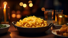 Product Photograph Of Macaroni And Cheese Plate On A Table In A Nigth Bar. Dramatic Light. Orange Color Palette. Food. 