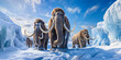 Woolly mammoth herd in frozen cold landscape, wide banner, extinct prehistoric animals