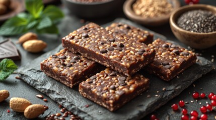 Sticker -  a pile of chocolate bars sitting on top of a slate slab next to a bowl of nuts and a cup of cocoa.