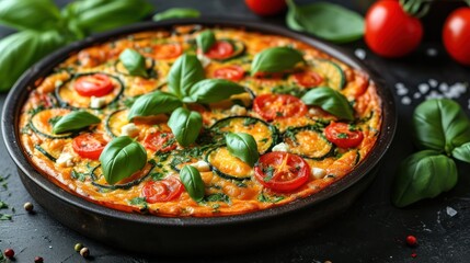 Sticker -  a pizza sitting on top of a pan on top of a table next to a bunch of tomatoes and basil.