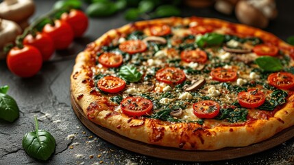 Sticker -  a pizza with tomatoes, spinach, cheese, mushrooms, and spinach leaves on a wooden cutting board.