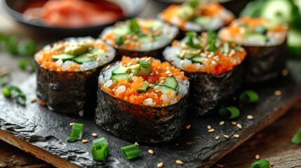 Poster -  a close up of a plate of sushi with cucumbers and seasoning on top of the sushi.