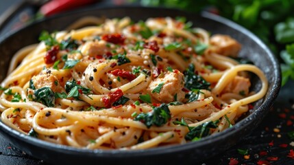 Poster -  a close up of a plate of pasta with chicken and spinach sprinkled on the top of it.