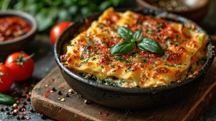 Canvas Print -  a close up of a dish of food on a wooden cutting board with tomatoes and herbs in bowls behind it.