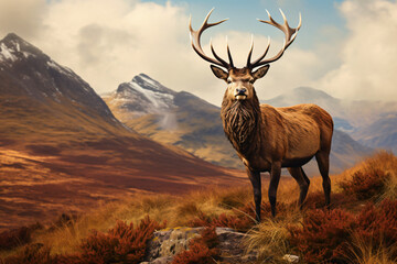 Wall Mural - A stag in a field with a mountain view, in the style of photorealistic detail, crimson and amber, dynamic outdoor shots, scottish landscapes, close-up intensity, photo-realistic hyperbole, dignified p