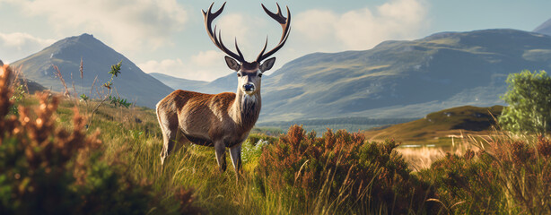 Wall Mural - A stag in a field with a mountain view, in the style of photorealistic detail, crimson and amber, dynamic outdoor shots, scottish landscapes, close-up intensity, photo-realistic hyperbole, dignified p