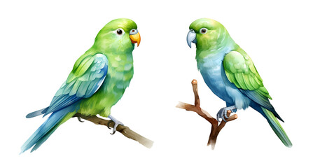 Green parrotlet bird, watercolor clipart illustration with isolated background.