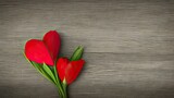 Fototapeta Kwiaty - Valentine's day background with red tulips on old wood, heart shaped red tulip flowers on wooden background, 3d rendering, wallpaper